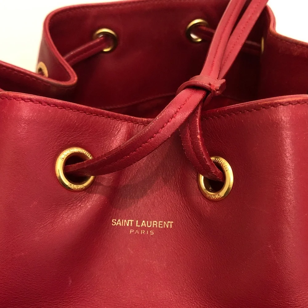 Saint Laurent Red Leather Drawstring Hobo with Gold-Tone Hardware